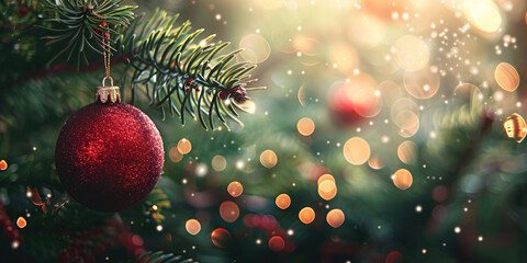 Wall Mural - christmas ball ornament hangs gracefully on a snow-dusted evergreen branch, creating a festive and c