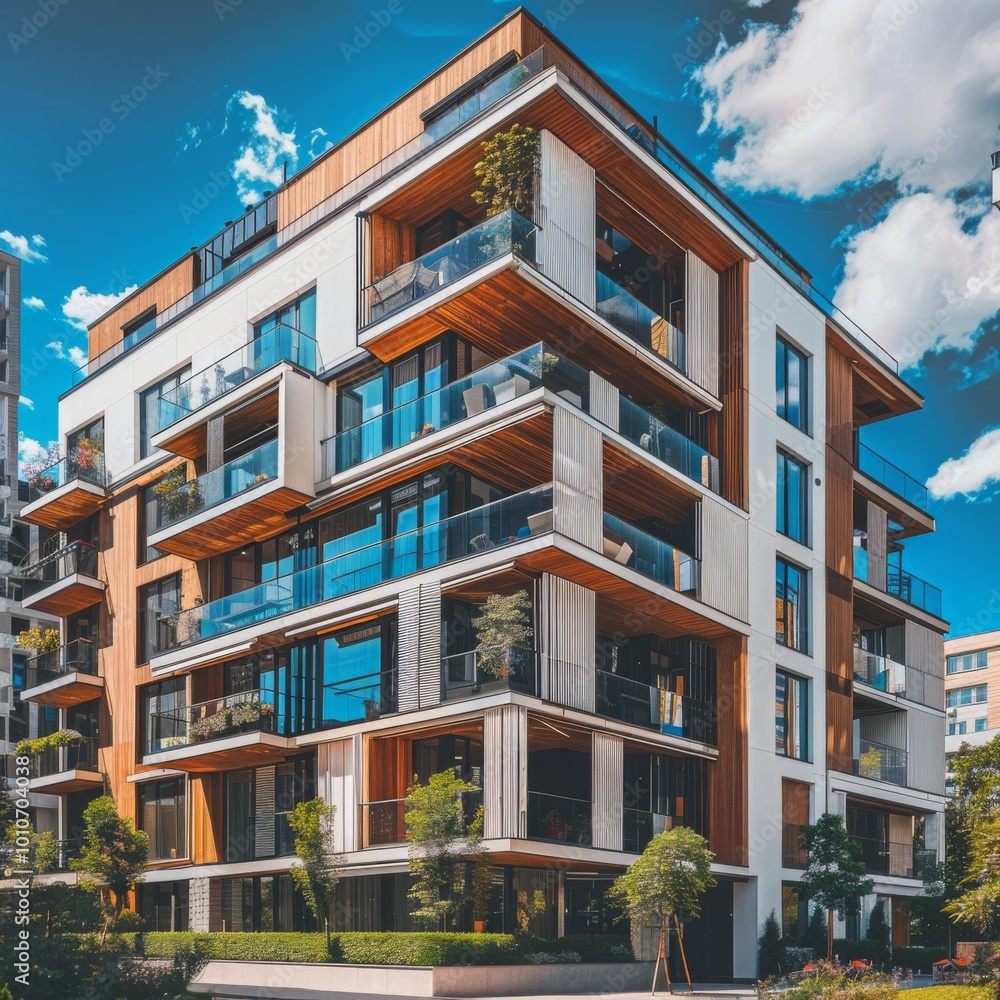 On a bright summer day, sleek modern apartment buildings with unique ...