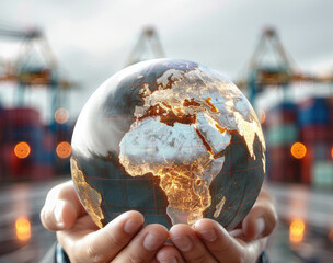 Leinwandbilder - Hand holding globe logistics network digital global technology, freight.