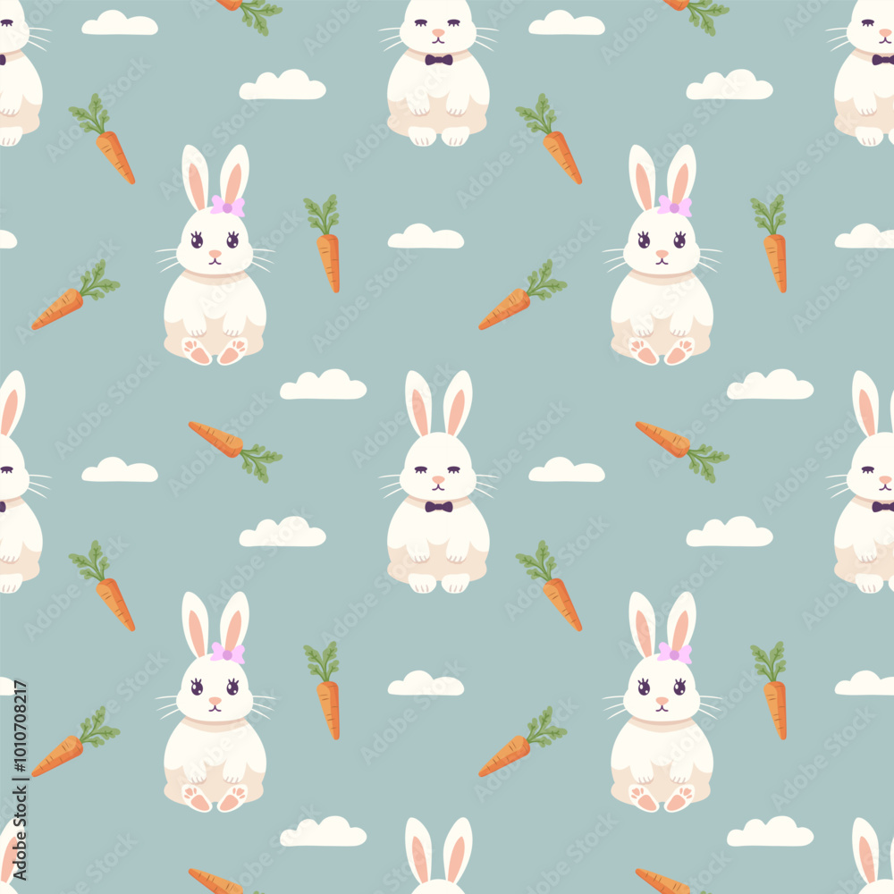 Seamless bunnies template Cute boy bunny and girl with carrot on blue Seamless bunnies template Cute boy bunny and girl with carrot on blue