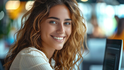 Aufkleber - Young Happy Businesswoman Using Computer in Modern Office with Colleagues.