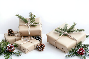 Sticker - Festive holiday gifts wrapped in rustic kraft paper, adorned with twine and pine sprigs, create a cozy Christmas atmosphere on white background.