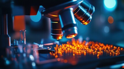 Wall Mural - close-up of advanced microscope analyzing glowing samples in a high-tech laboratory setting