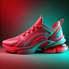 Futuristic Athletic Sneaker in Neon Red and Green Lighting, Modern Sportswear Design, Shoe Advertisement, Fashionable Footwear Concept, Fitness, Running, Lifestyle Marketing, Trendy Style Inspiration