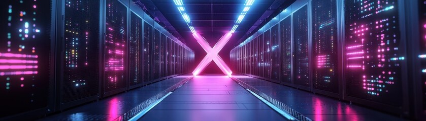 Wall Mural - Futuristic Data Center with Neon Lights and Server Racks in a Symmetrical Perspective