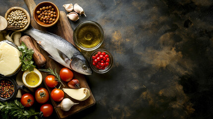 Flat lay mediterranean food Raw uncooked seabass fish with vegetables, tomatoes, lemons, grains, herbs and spices on chopping board over dark grey concrete slate background,