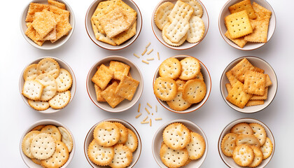 Sticker - Set of different tasty crackers in bowls on white background, top view