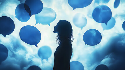 Canvas Print - Silhouette of a woman amidst blue speech bubbles, depicting communication and the feeling of solitude, concept for mental health or social interaction