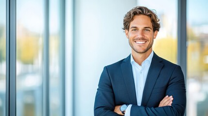 Smiling businessman in a blue suit standing confidently with his arms crossed, in a bright modern office setting. Professional leadership concept.