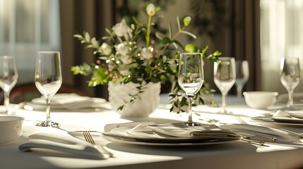 A table with a white tablecloth and a vase of flowers in the center. Christmas celebration or party dinner setting background.