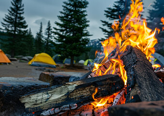 A close-up shot of a roaring campfire with pine trees and camping tents in the background.