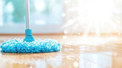 Poster - A close up shot of a hand using a mop to clean a hardwood floor, emphasizing the importance of hygiene and cleanliness.