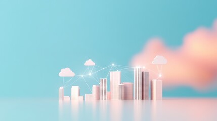 Poster - A cityscape with buildings connected by lines representing data transfer, showcasing the interconnectedness of cloud infrastructure.