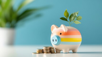 Poster - A colorful piggy bank filled with coins, representing the accumulation of savings.