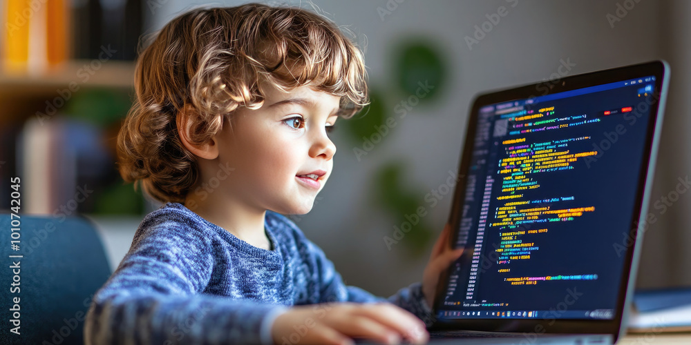 Young boy is learning to code using a laptop at a desk in a home ...