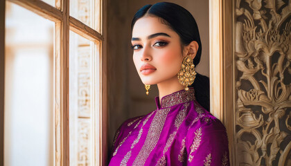 Wall Mural - young indian woman wearing purple long dress