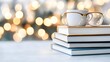 © nuiiko - A cozy stack of books with glasses and a cup, softly illuminated by warm bokeh lights, creating a serene reading atmosphere.