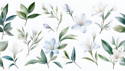 Wall Mural - Delicate watercolor rosemary clipart with charming blue flowers and lush green foliage in a photographic style