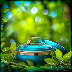 Wall Mural - Teal Teapot Resting on Lush Green Foliage