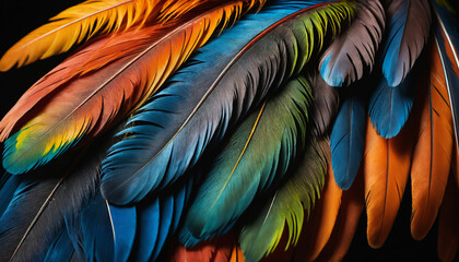 Detailed shot of a vibrant parrot feather, emphasizing the intricate details and colors on a dark surface.