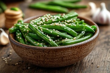 Wall Mural - Green beans with sesame seeds in a bowl. This photo showcases a healthy and delicious side dish, perfect for illustrating recipes or articles about healthy eating.