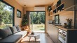 © Dara - Interior of a tiny prefab house with space-efficient features.