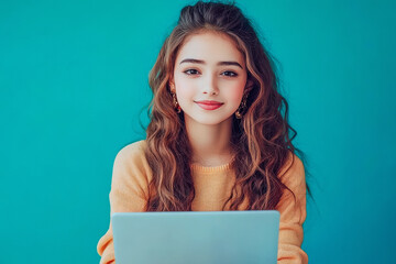 Poster - young indian woman using laptop on blue background