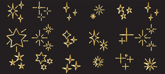 Wall Mural - Set of Twinkle stars. Shiny twinkle sparks. Seamless pattern with stars. Yellow, orange sparkles symbols vector. The set of sparkle stars icon. Glittering star vector. Glowing light effect stars