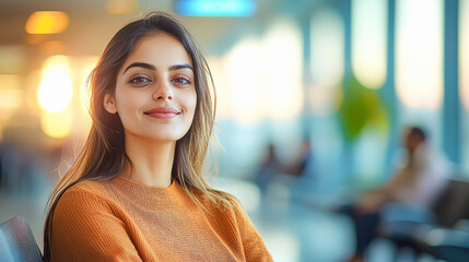 young indian woman sitting in waiting room at airport