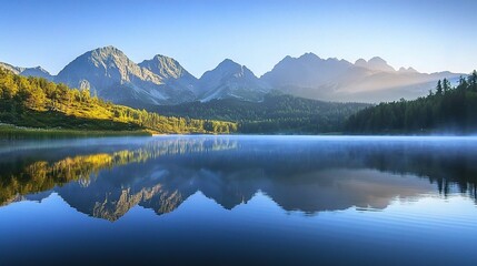 Wall Mural - Tranquil Lake Surrounded by Majestic Mountains at Sunrise