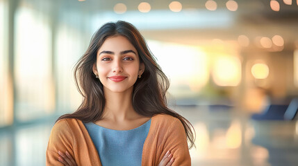 young indian woman sitting in waiting room at airport