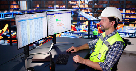 Poster - Warehouse Manager Sitting At Desktop Computer. Delivery Logistic