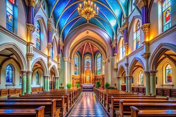 Inside the serene church, elegant aisles lead to a captivating altar, surrounded by colorful stained glass windows that embody the spirit of Catholic tradition.