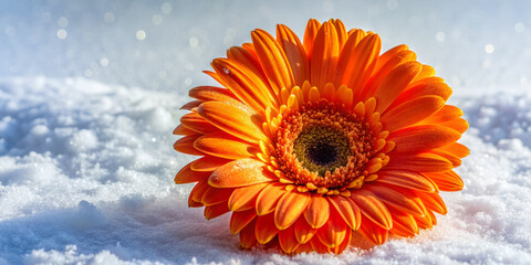 vivid, high contrast image of bright orange gerbera daisy resting on snowy surface, creating striking visual contrast that evokes warmth and beauty