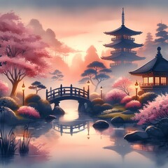 Wall Mural - serene japanese garden at twilight with a misty pagoda silhouette cherry blossoms and a arched bridge reflected in a tranquil koi pond rendered in soft watercolors.