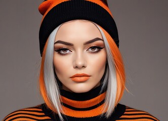 A close-up image of a woman wearing a bold black and orange striped knit sweater with beanie