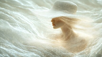 Wall Mural - Ethereal figure with a hat, surrounded by flowing light and texture.