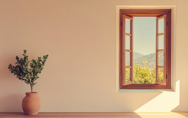 A serene view of a wooden window opening to a lush landscape with a plant in a pot