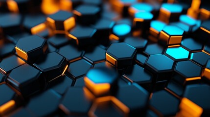 Explore a dynamic 3D design of interlocking black, blue, and orange hexagons for tech themes.