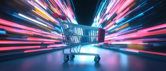 A futuristic shopping cart surrounded by streaks of colorful lights, conveying speed and modern shopping experiences.