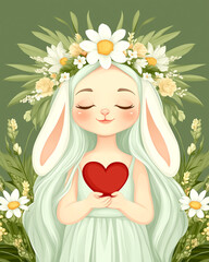 Poster - A cartoon rabbit holding a red heart. The rabbit is wearing a flower crown and is surrounded by flowers