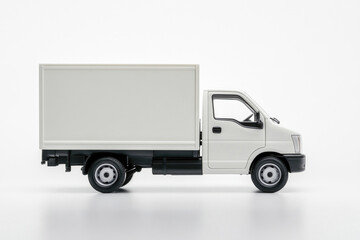 A side view of a white small delivery truck, isolated on a white background.