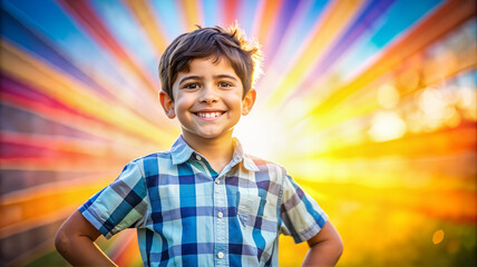 Smiling boy in plaid shirt with colorful burst of light behind