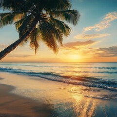 Scenic tropical beach sunset with ocean and palm tree view