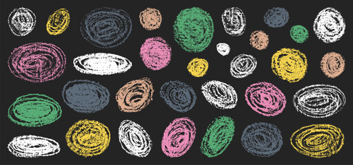 Wall Mural - Chalk grunge circles set. Grunge round shapes. Chalkboard sketches. Grunge backgrounds. Colorful chalk hatches and scribbles.