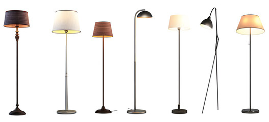 Set of various decorative modern floor lamps isolated on transparent background. 