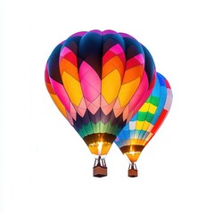 Two vibrant hot air balloons in flight against a white isolated background.