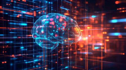 A digital brain hologram HUD represents artificial intelligence and deep learning, encapsulating the concept of business technology and internet networking in a 3D illustration.



