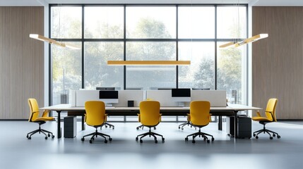 Collaborative modern open office with long desks, ergonomic chairs, and bright windows, isolated on white