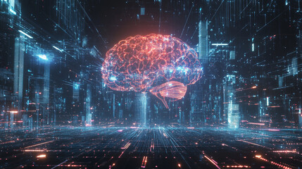 A digital brain hologram HUD represents artificial intelligence and deep learning, encapsulating the concept of business technology and internet networking in a 3D illustration.



